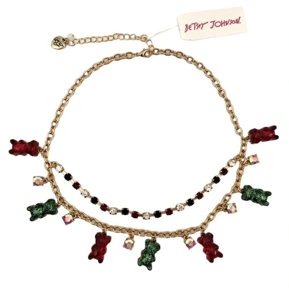 BETSEY JOHNSON Christmas Gummy Bears & Crystals Double-Strand Necklace NEW NWT - Picture 1 of 13